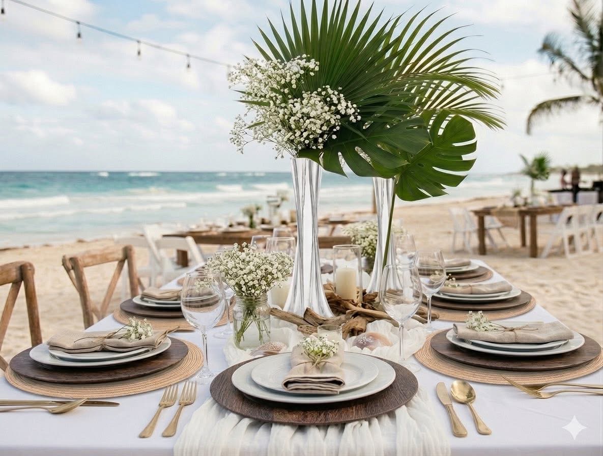 Beach wedding table with dark wood charger plates and tall glass vases
